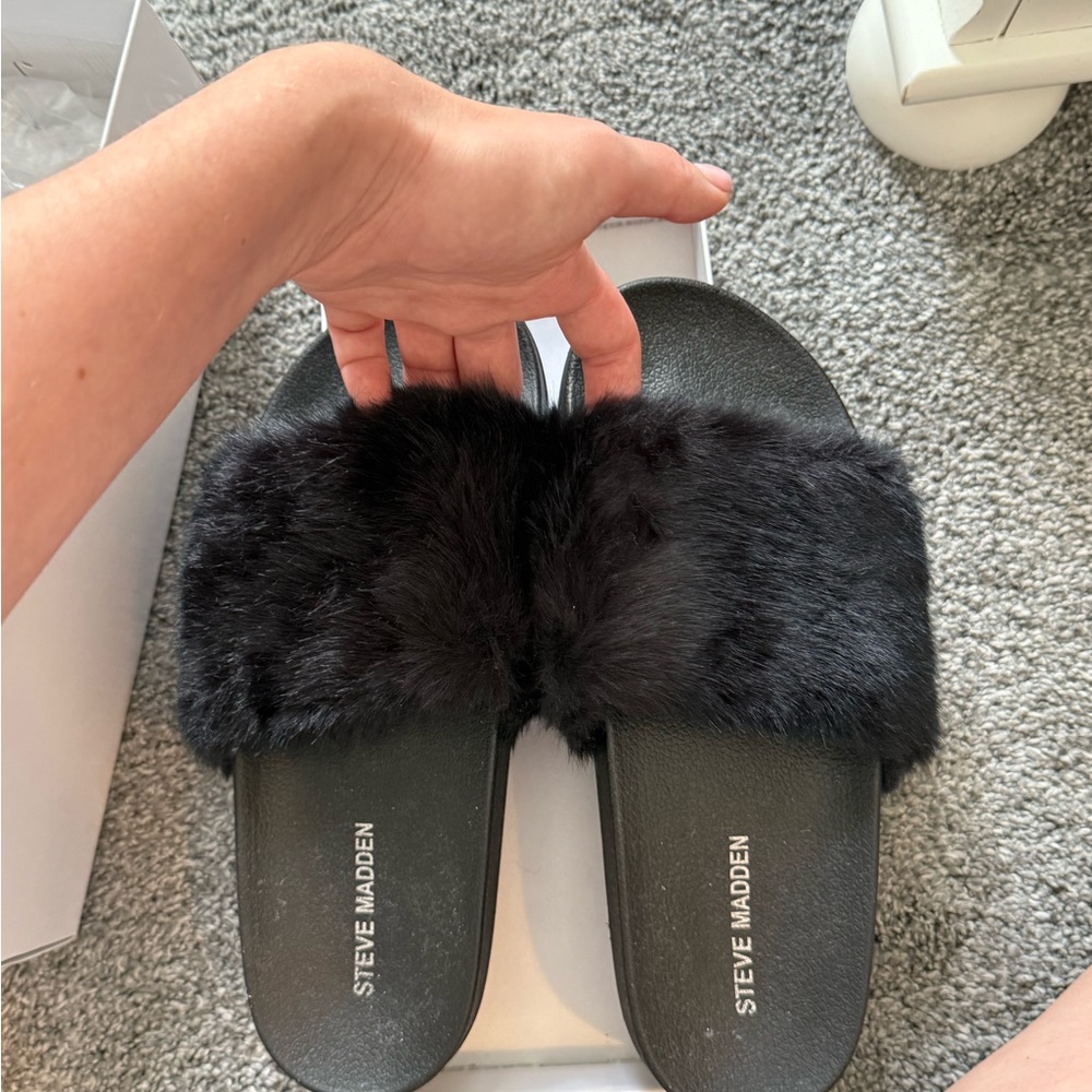 Steve Madden Black Plush Slide Slippers
